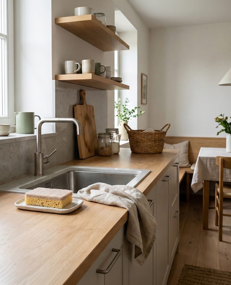 Cocina con fregadero, estropajo FANORA y jabonera